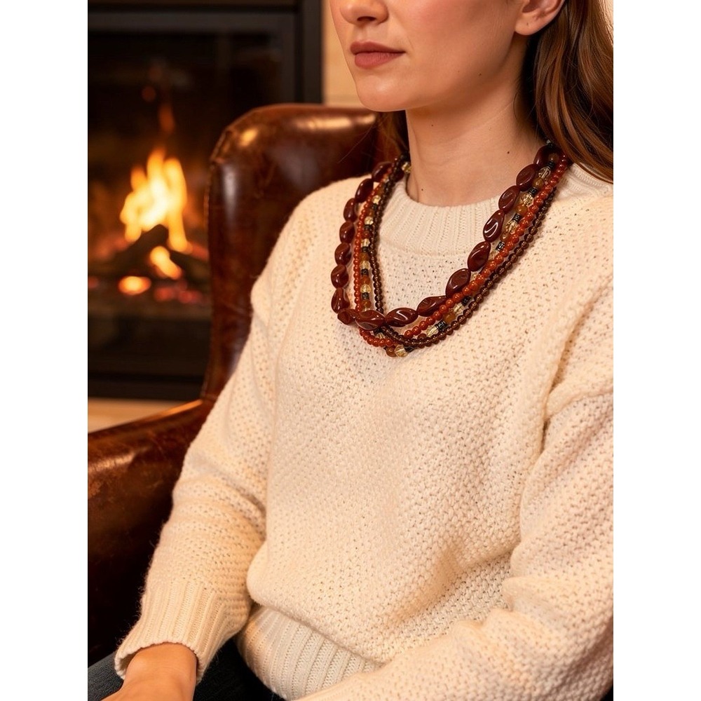 Ethnic Boho Necklace 4 Strand Smooth Faceted Beads Bronze Tone Quality Statement